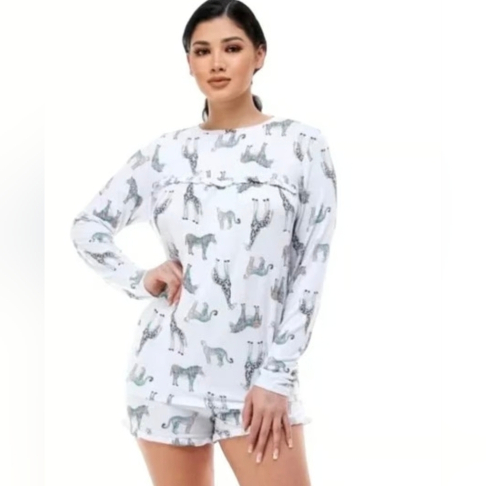 Emerson Road Safari Ruffled Long Sleeve Top And Short Pajama Set